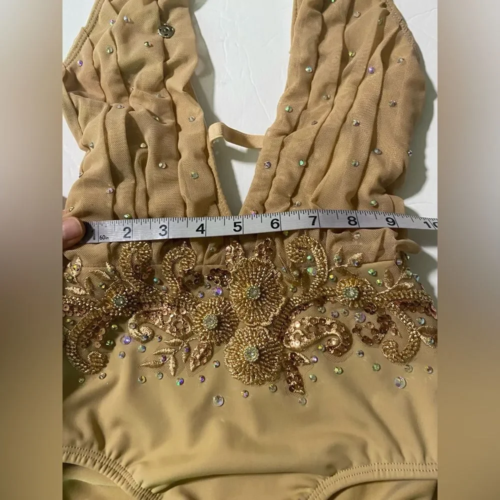 Glamorous solo dance costume Custom rhinestone lyrical dress gold tan LC child